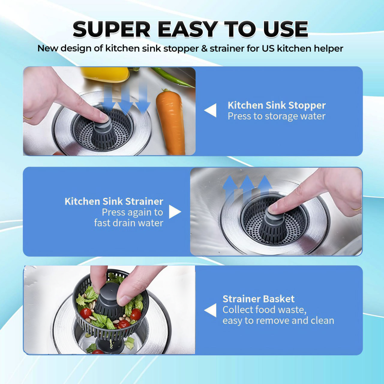 Trilumia® Upgraded 3-in-1 Kitchen Sink Drain Strainer